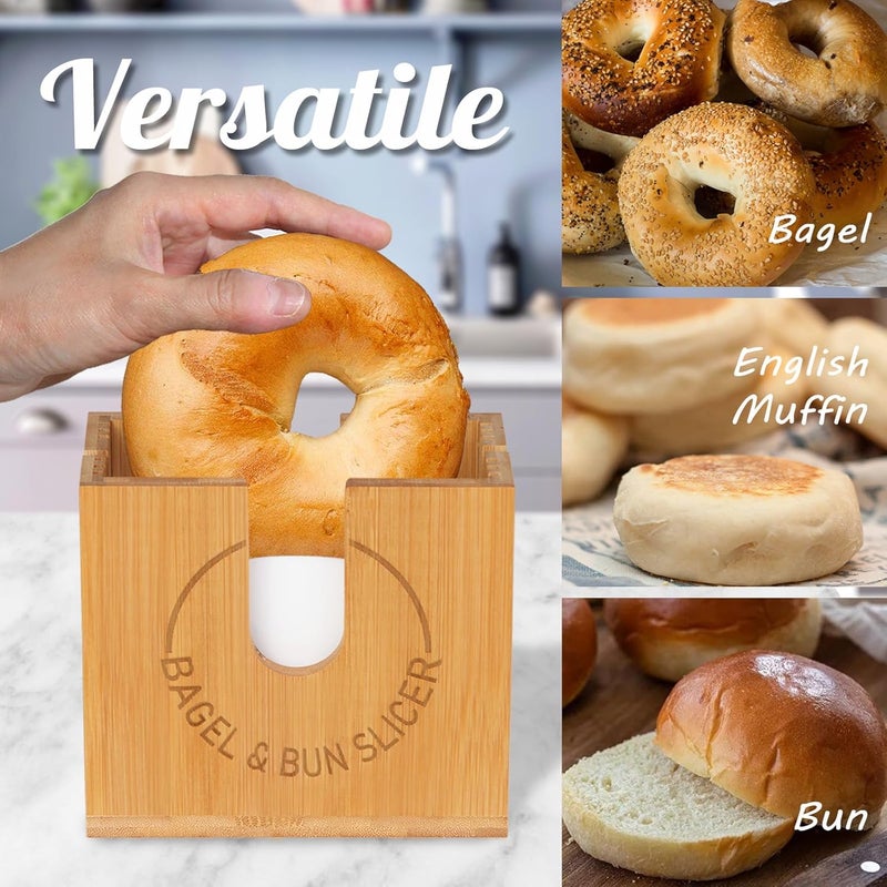 cenleoha Large Adjustable Bagel Slicer Holder | Bamboo Bagel Cutting Holder with Width-Adjustable Slots for Small & Large Bagels, Buns & English Muffins, Knife Groove & Non-Slip Base - Image 5